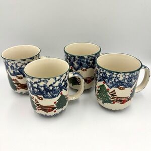 Tienshan Folk Craft Cabin in the Snow SET OF 4 Mugs Spongware Christmas Red Dots